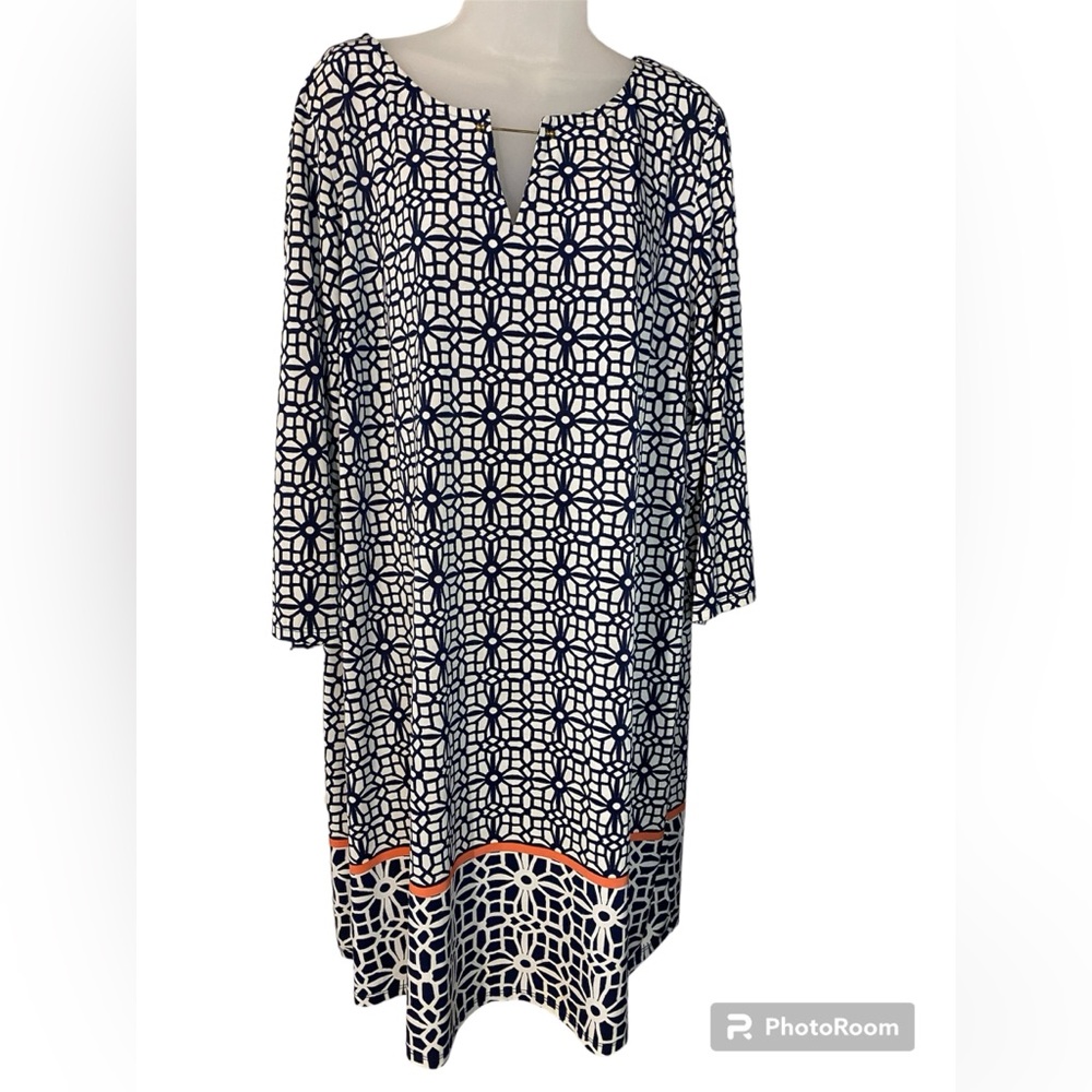 Tacera Shift Dress Qtr Length Sleeve Black/White w/Peach Geometric Women's 1X